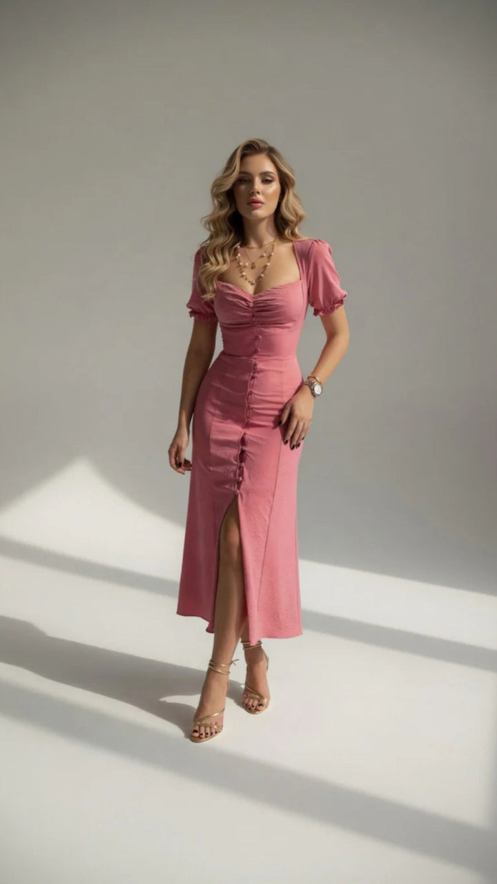 Puff Sleeve Button-Detail Split Midi Dress