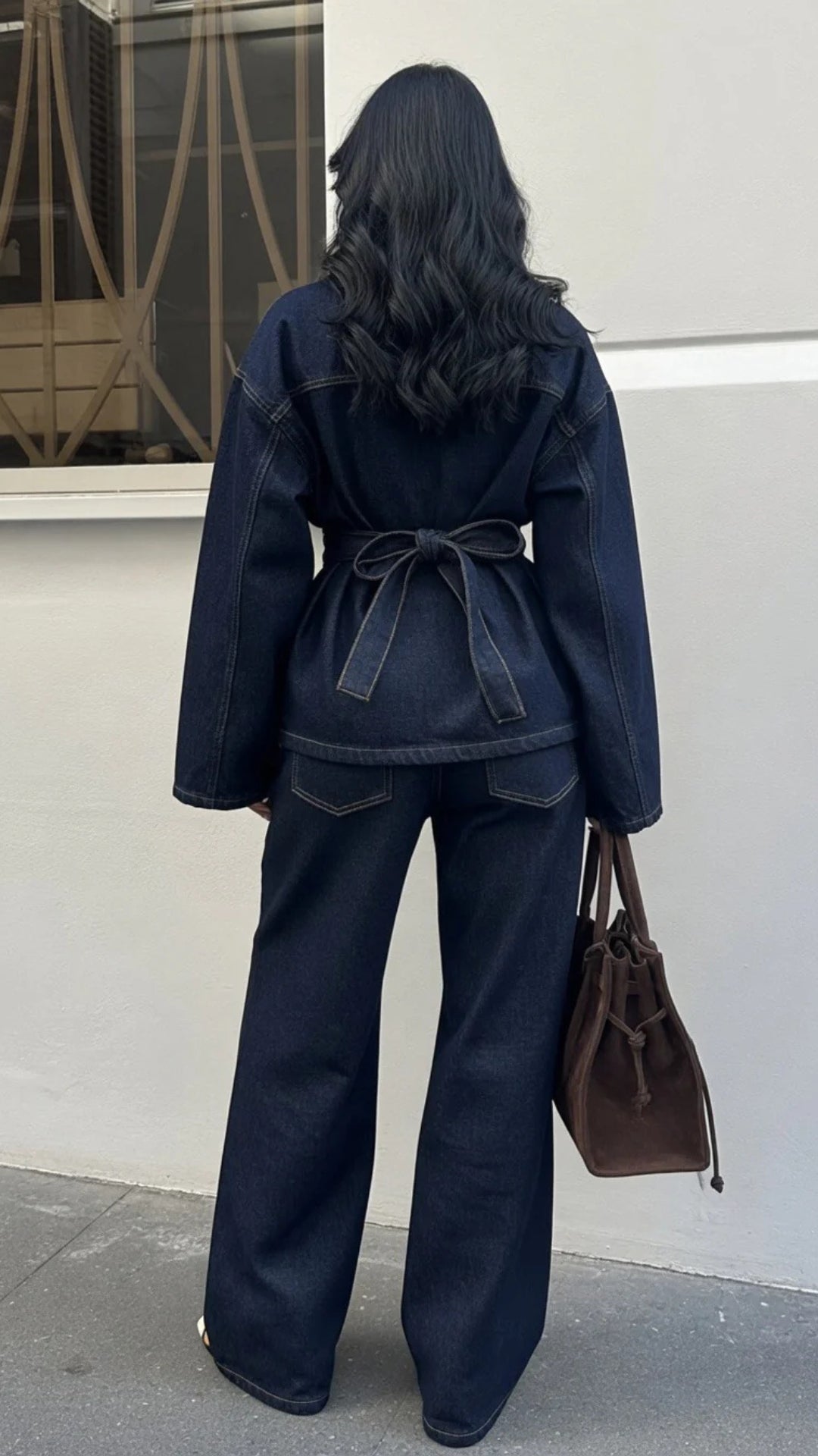 Indigo Blue Belted Denim Jacket &amp; Wide-Leg Jeans Set