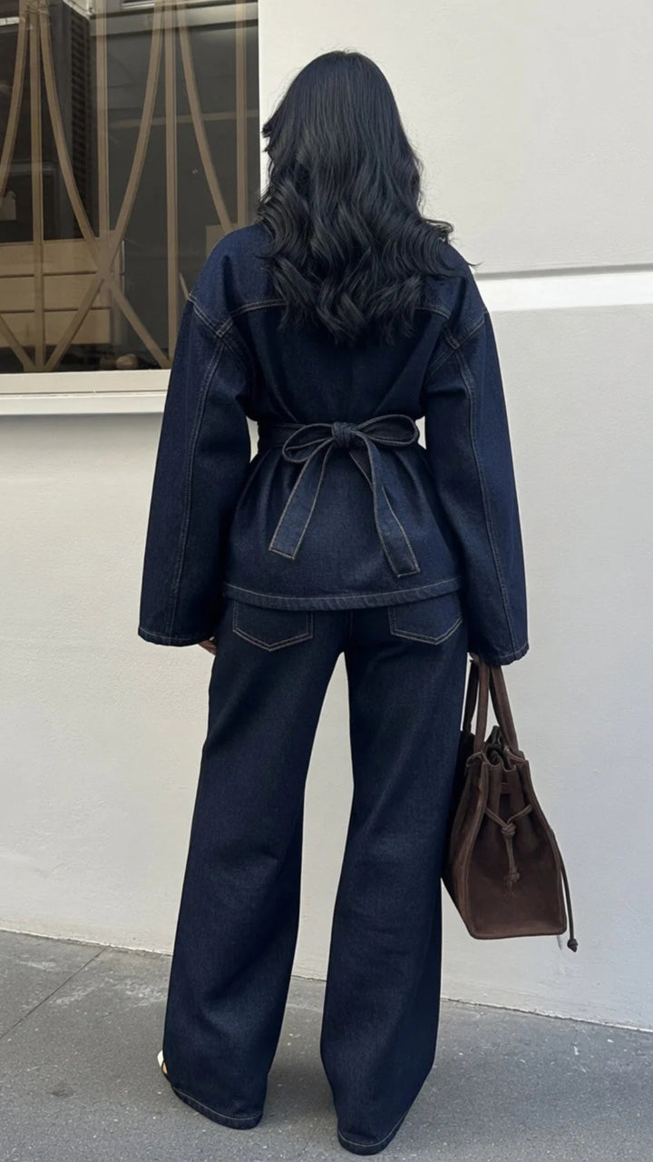 Indigo Blue Belted Denim Jacket &amp; Wide-Leg Jeans Set