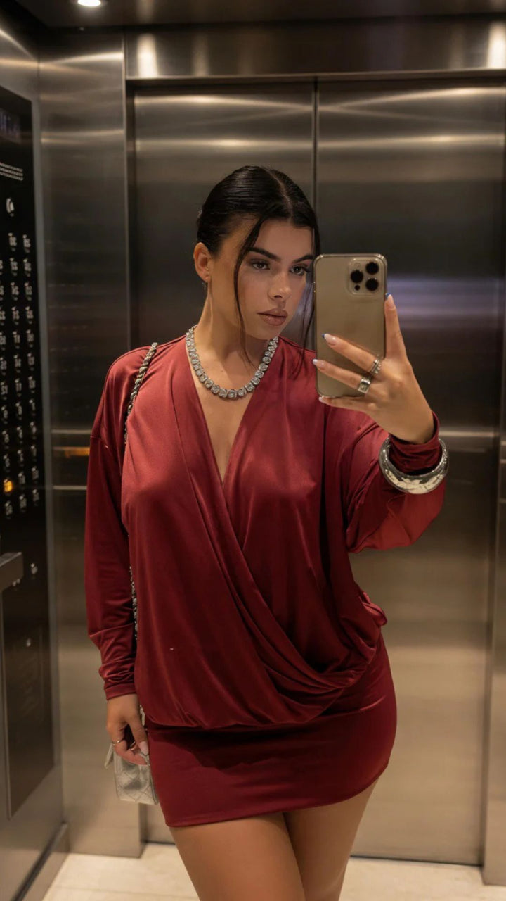 V-Neck Cowl-Neck Long Sleeve Mini Dress