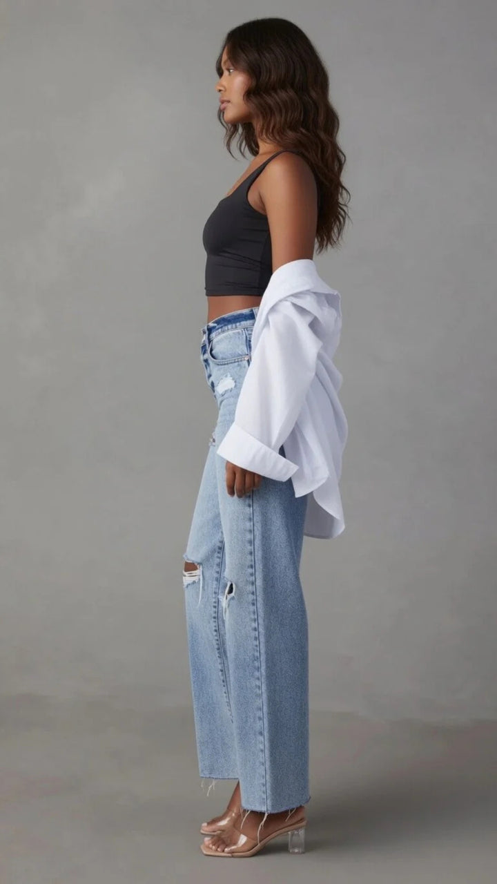 Ripped Detail Straight Denim Jeans
