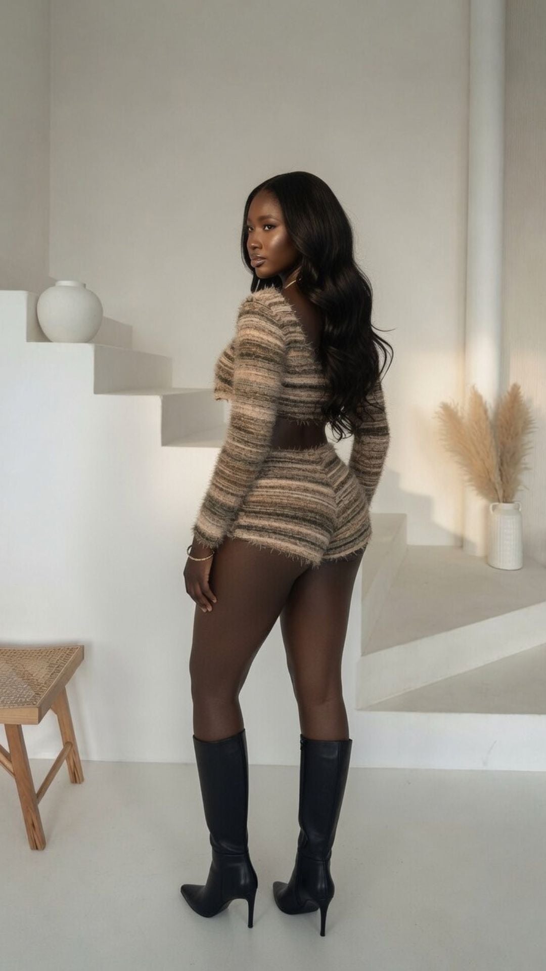 Earth-Tone Textured Knit Tie-Front Crop Top and High-Waisted Shorts Set