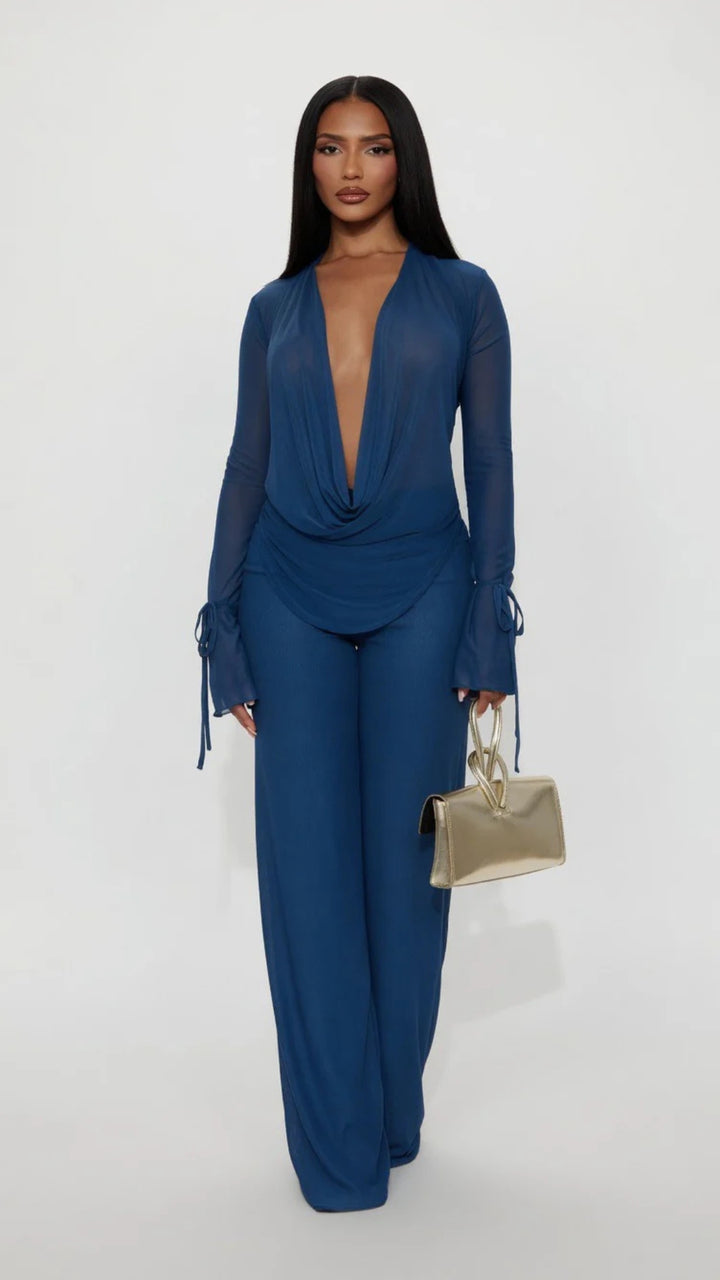 Mesh Deep Cowl-Neck Top and Trouser Set