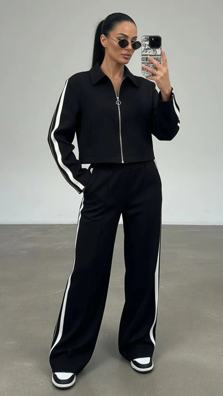 Black &amp; White Side Stripe Zip-Up Jacket and Trouser Set