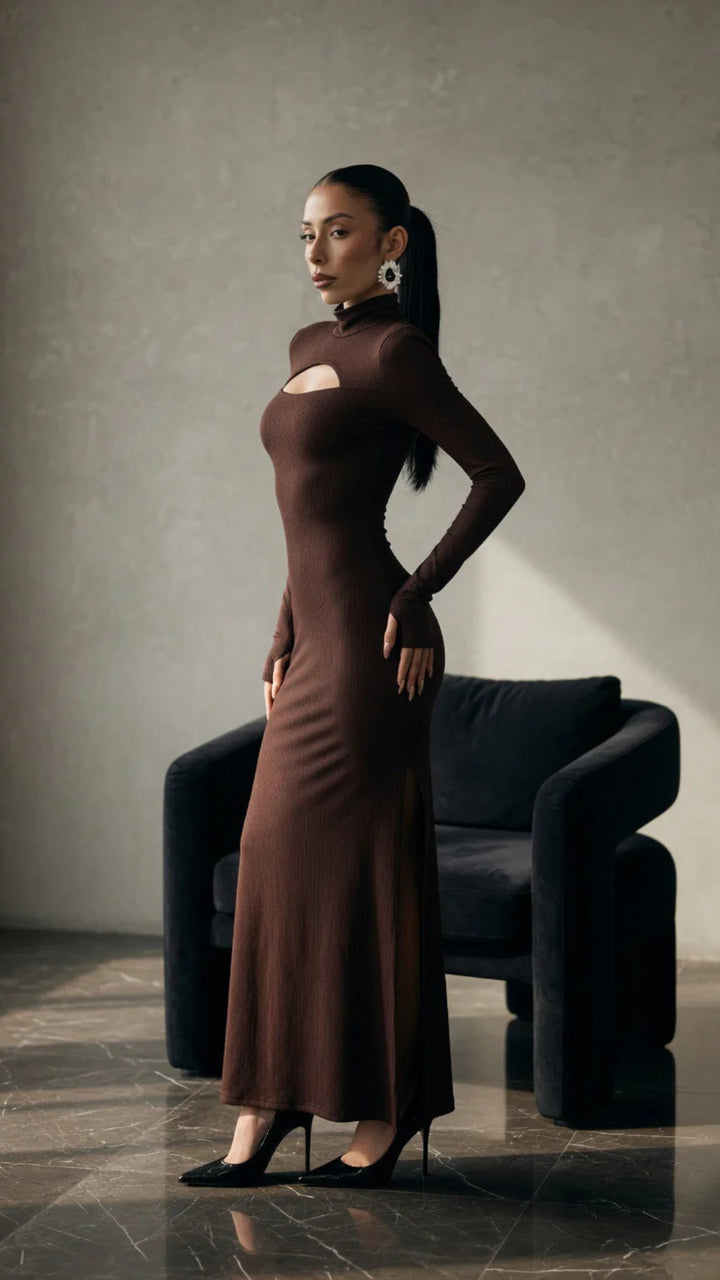 High-Neck Long Sleeve Slit Maxi Dress