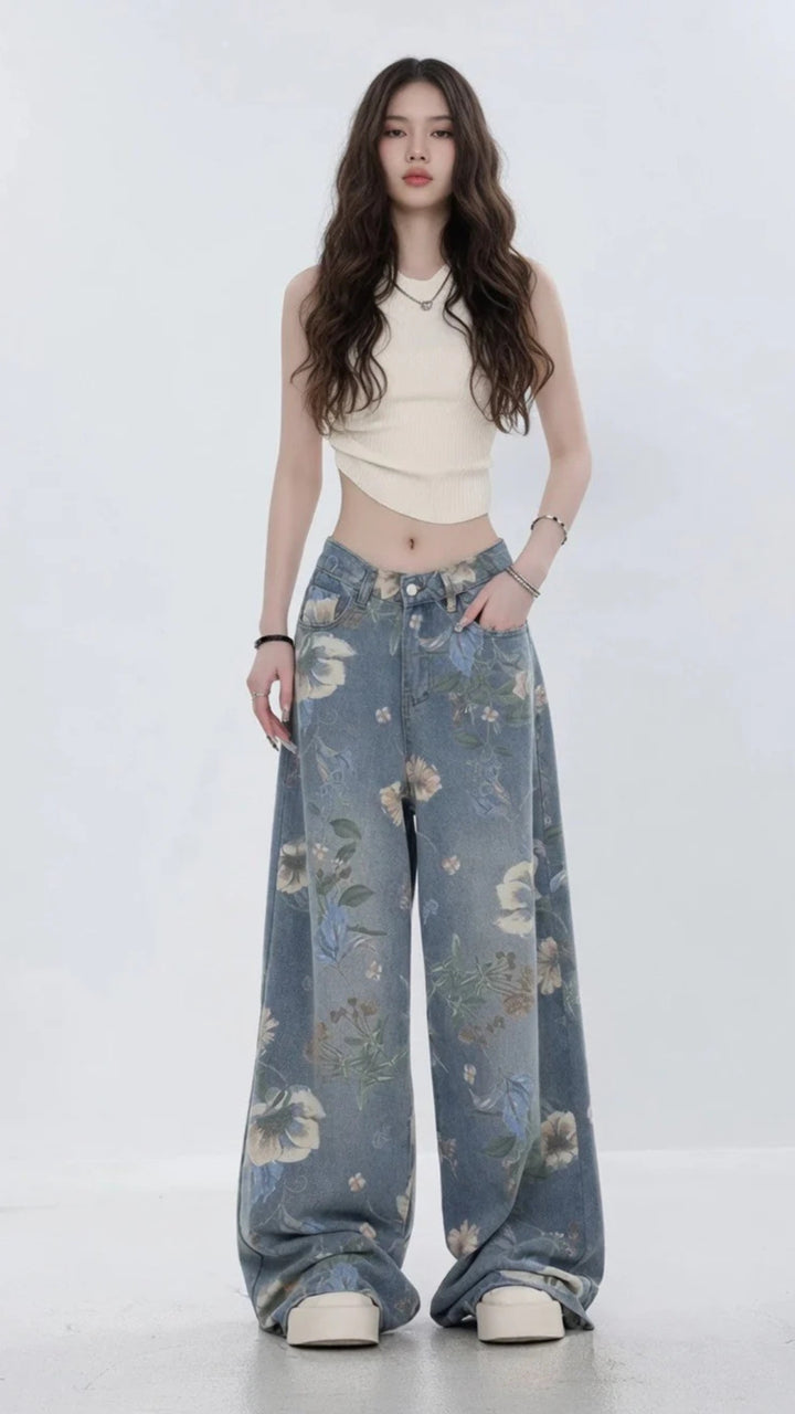 Floral Print Straight Wide-Leg Denim Jeans