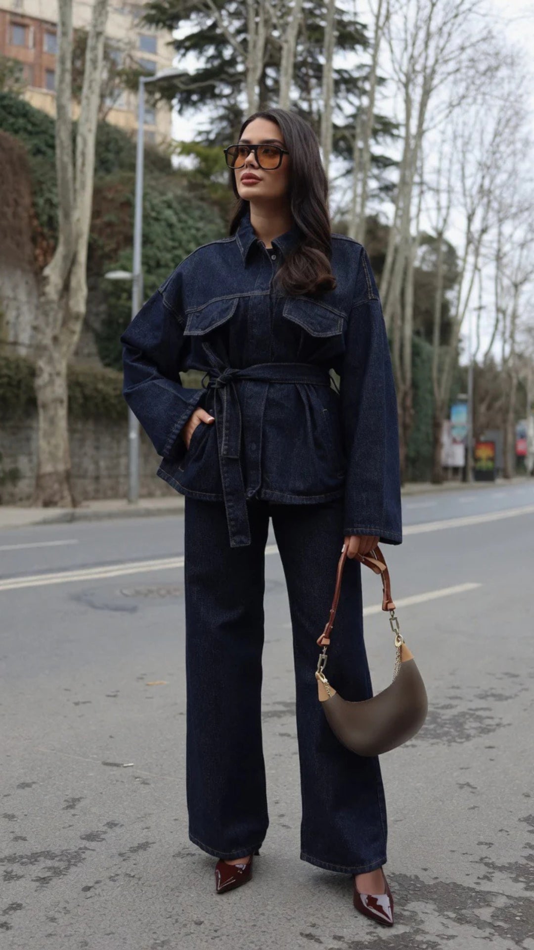 Indigo Blue Belted Denim Jacket &amp; Wide-Leg Jeans Set