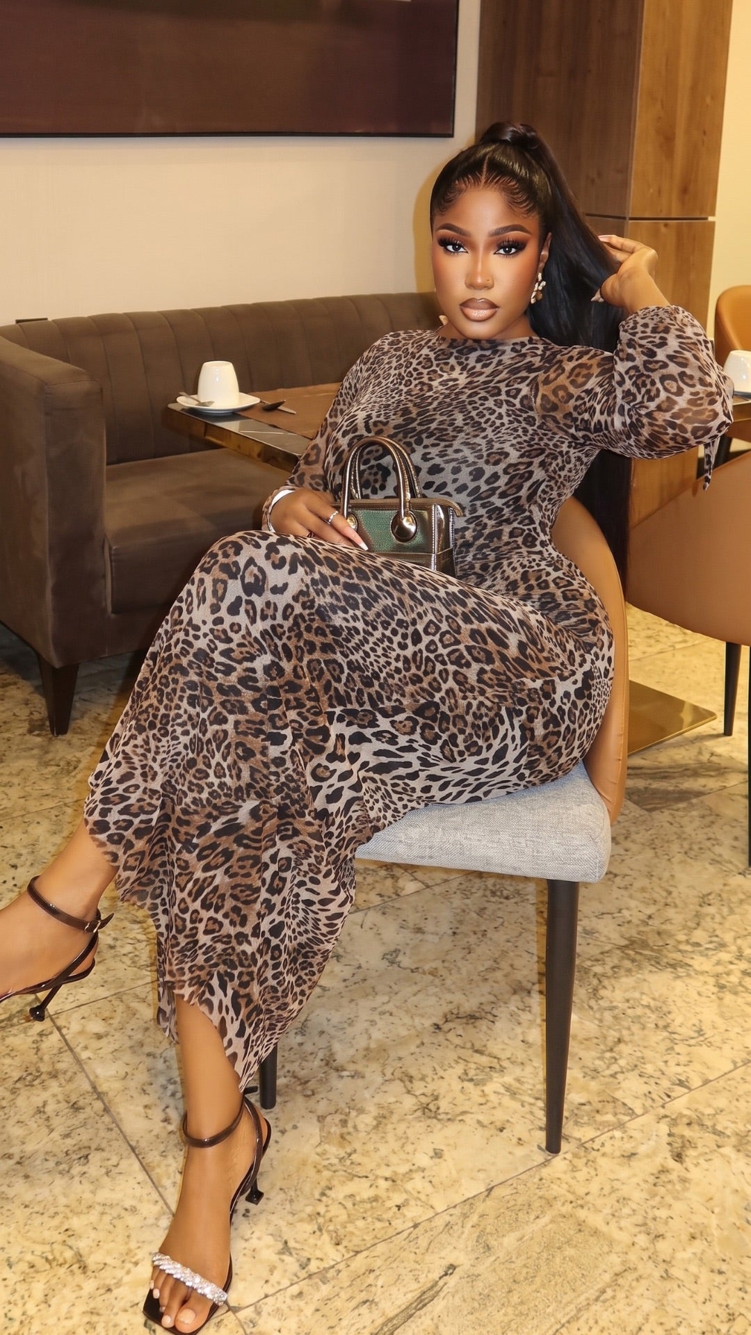 Leopard Print Long Sleeve Ruched Maxi Dress