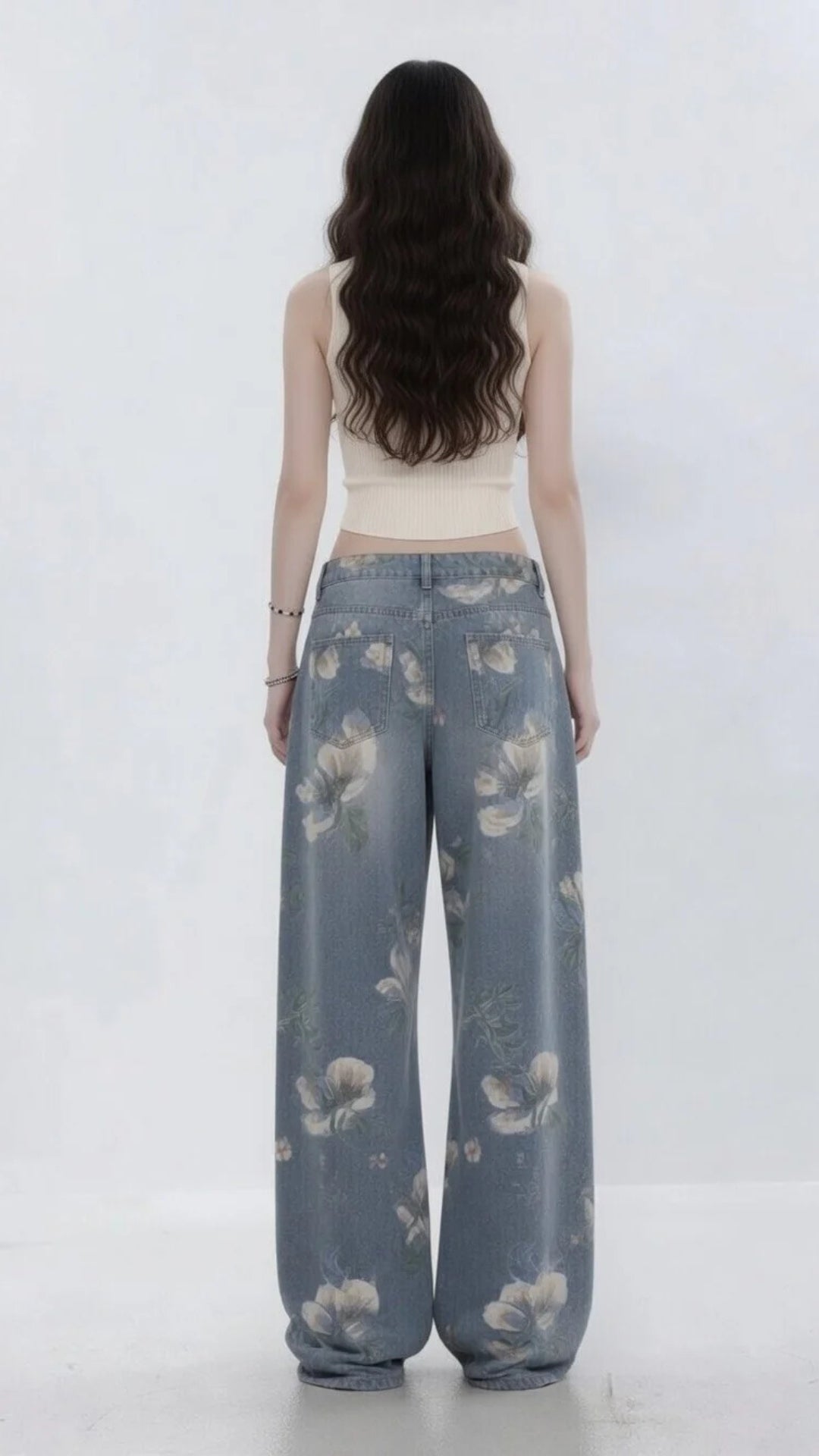 Floral Print Straight Wide-Leg Denim Jeans