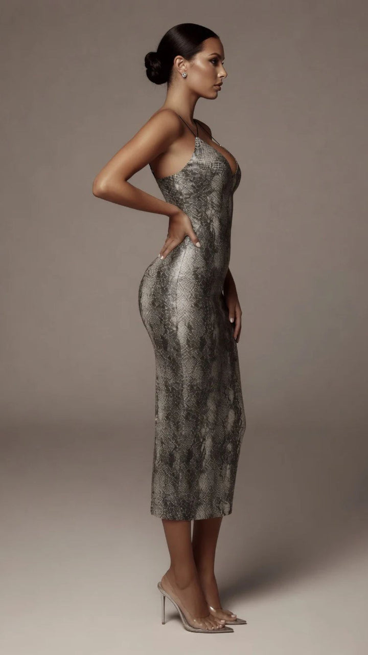 Animal Print Spaghetti Strap Bodycon Midi Dress