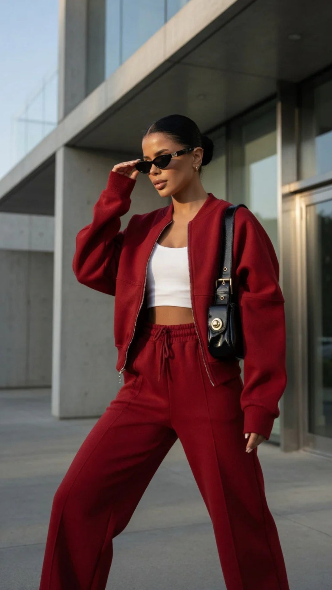 Bomber Zip-Up Cropped Sweatshirt &amp; Wide Leg Trousers Set