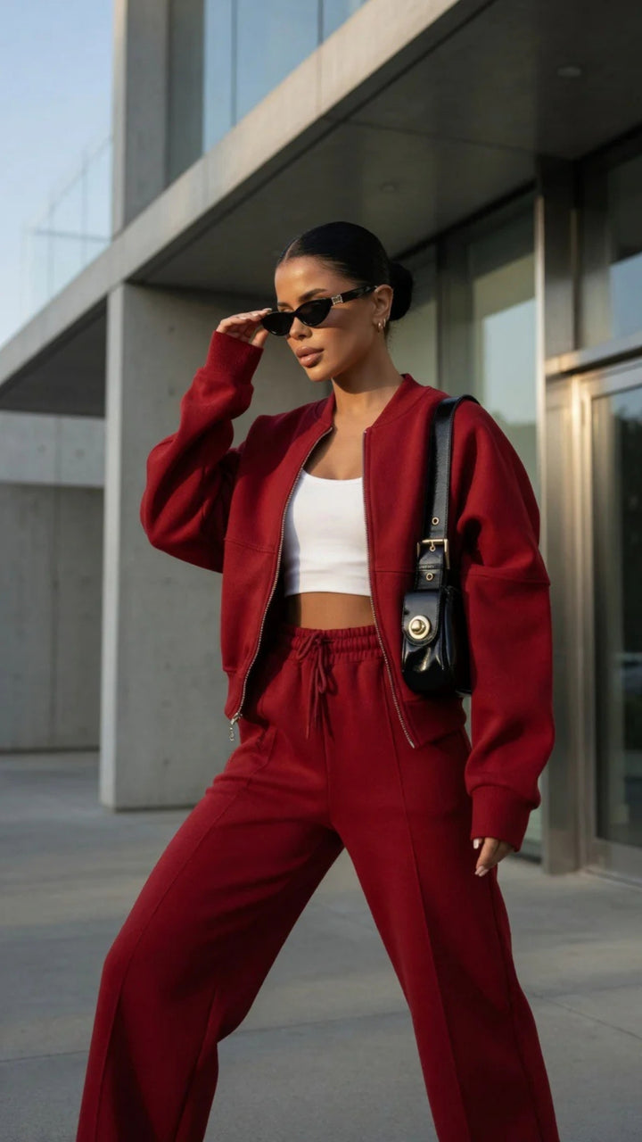 Bomber Zip-Up Cropped Sweatshirt &amp; Wide Leg Trousers Set