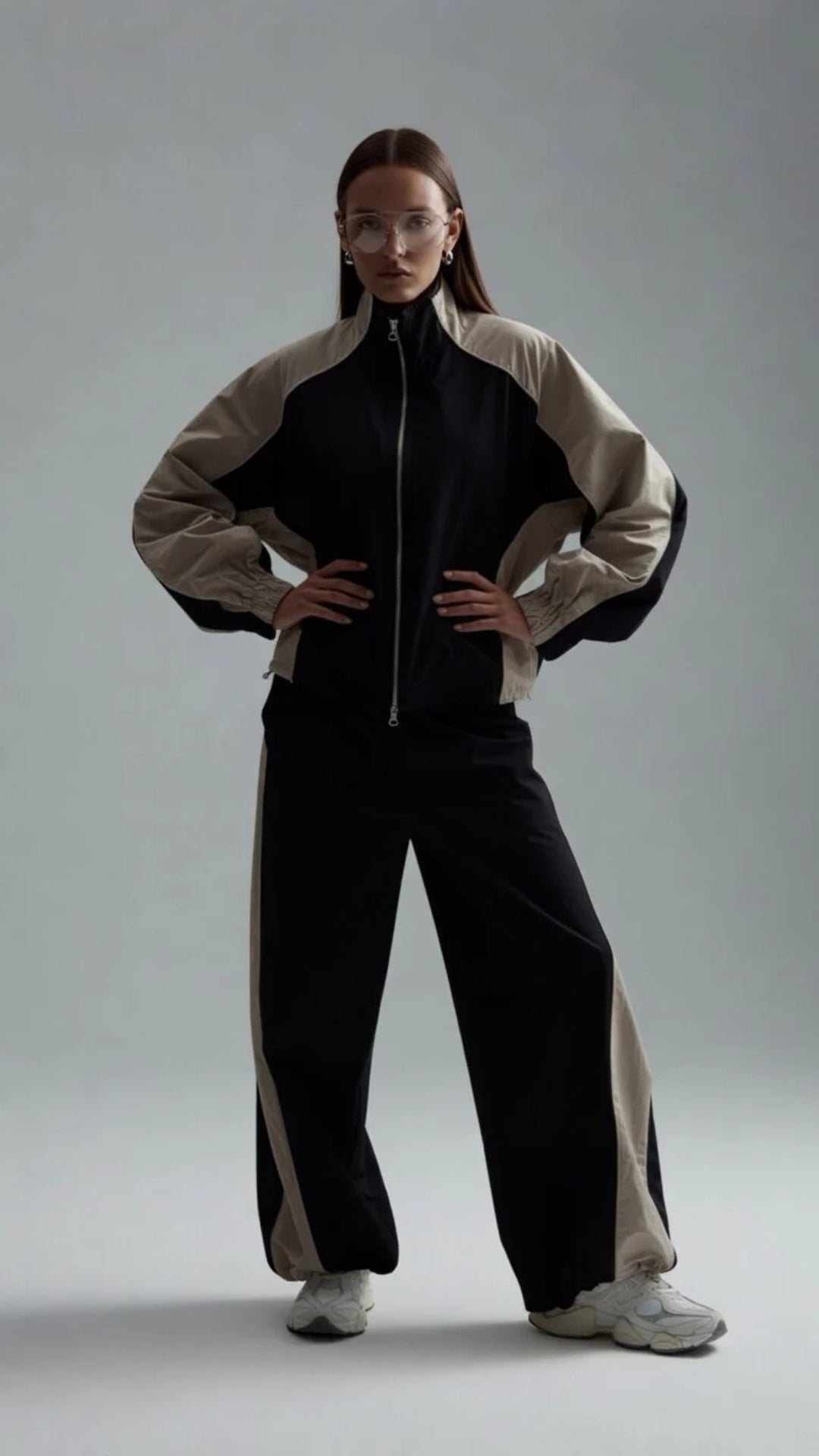 Two-Tone Colour Zip-Up Jacket &amp; Wide Leg Parachute Trouser Set