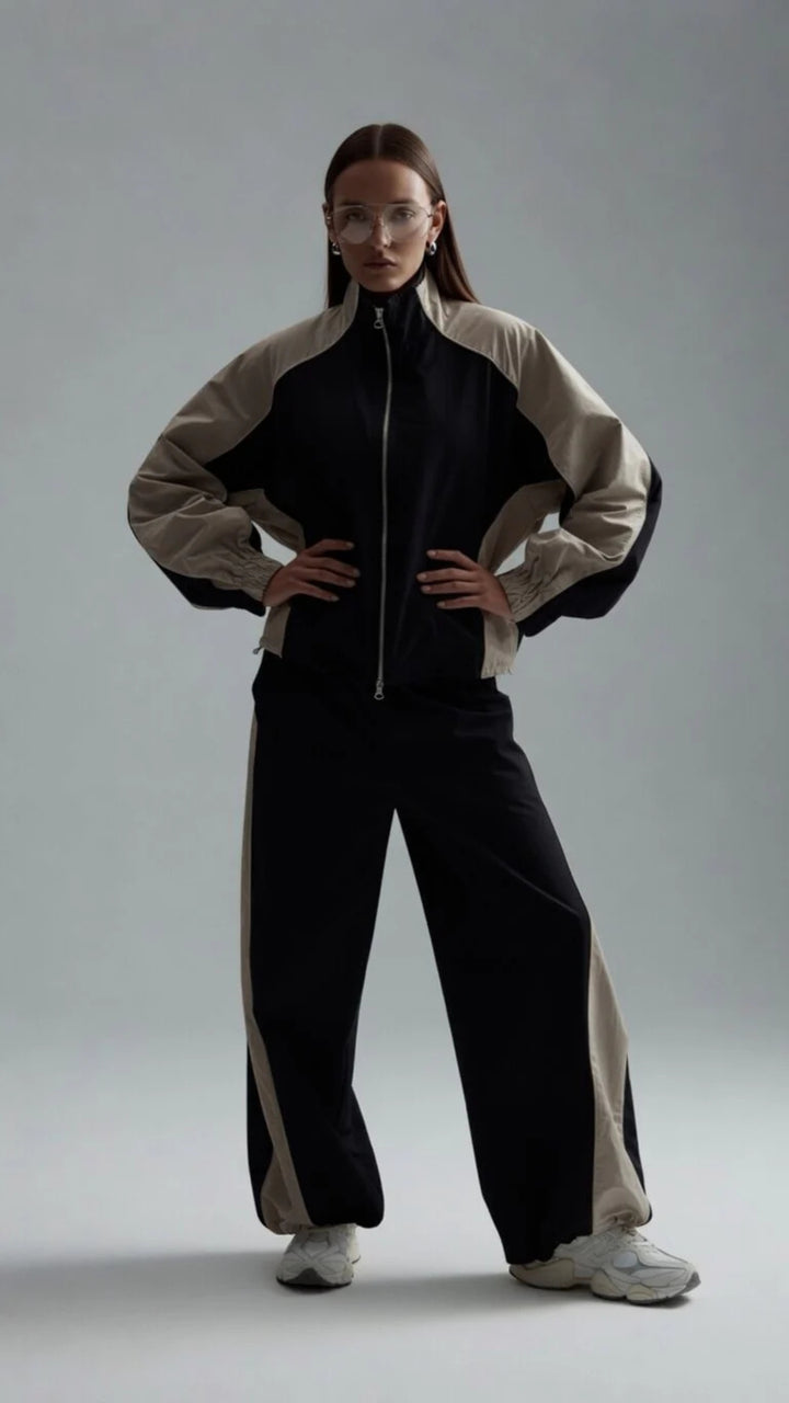 Two-Tone Colour Zip-Up Jacket &amp; Wide Leg Parachute Trouser Set