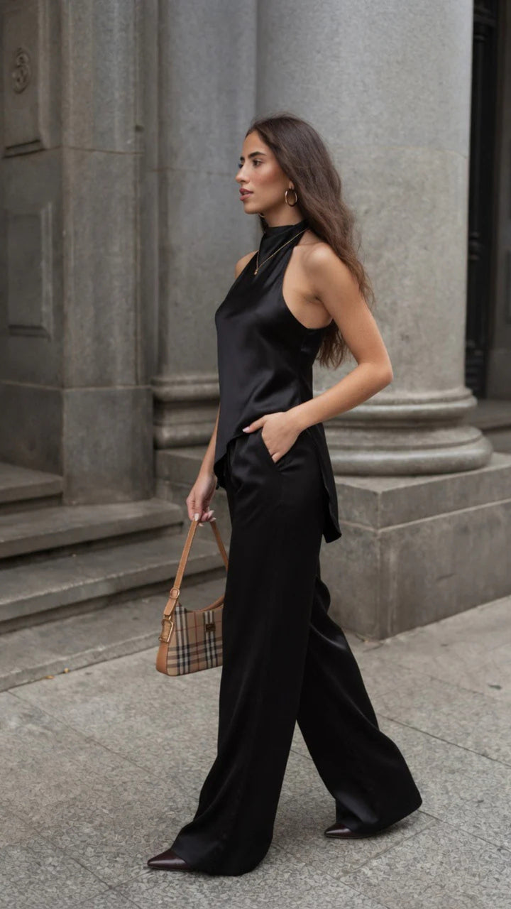 Satin Halterneck Top &amp; Wide-Leg Trouser Set