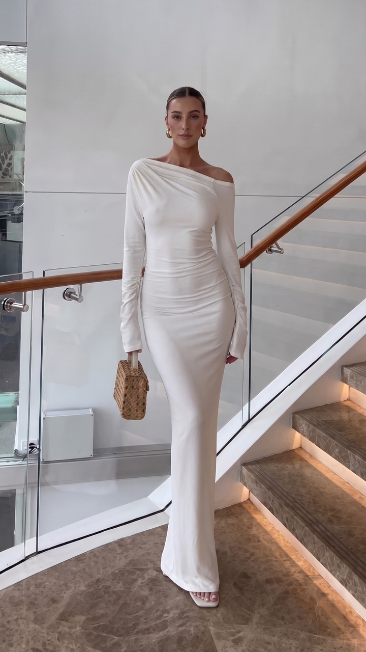 Off-Shoulder Long Sleeve Ruched Bodycon Maxi Dress