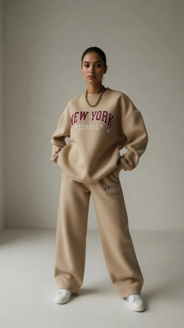 Oversized “New York” Print Sweatshirt and Wide-Leg Trouser Set