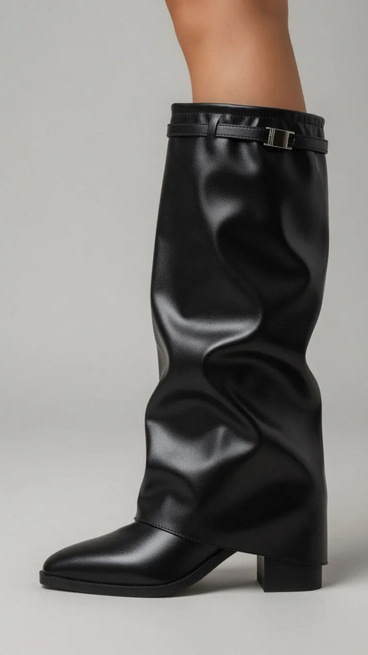PU Leather Knee High Fold Over Boots