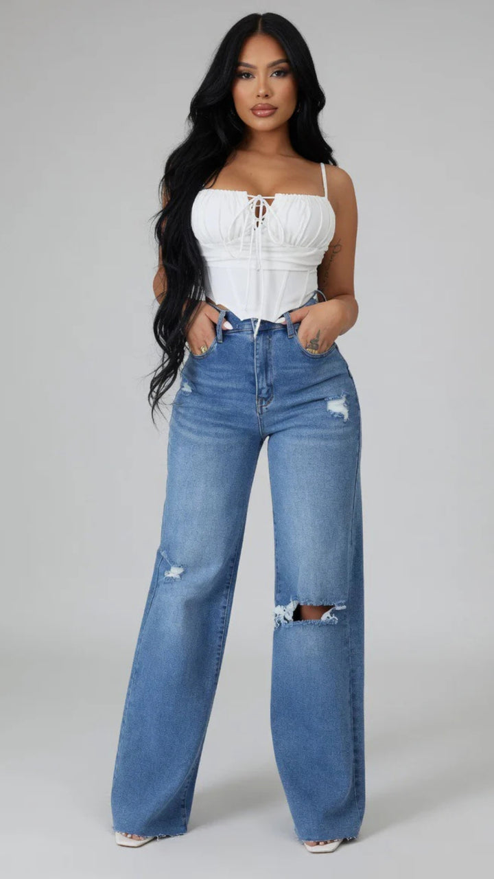 Basic Ripped Detail Straight Leg Jeans