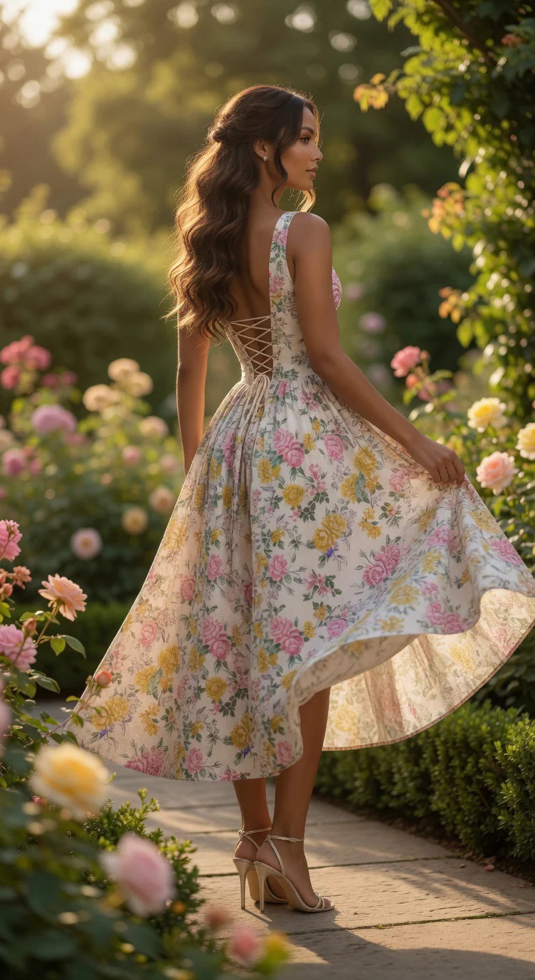 Deep V-Neck Corset Midi Dress