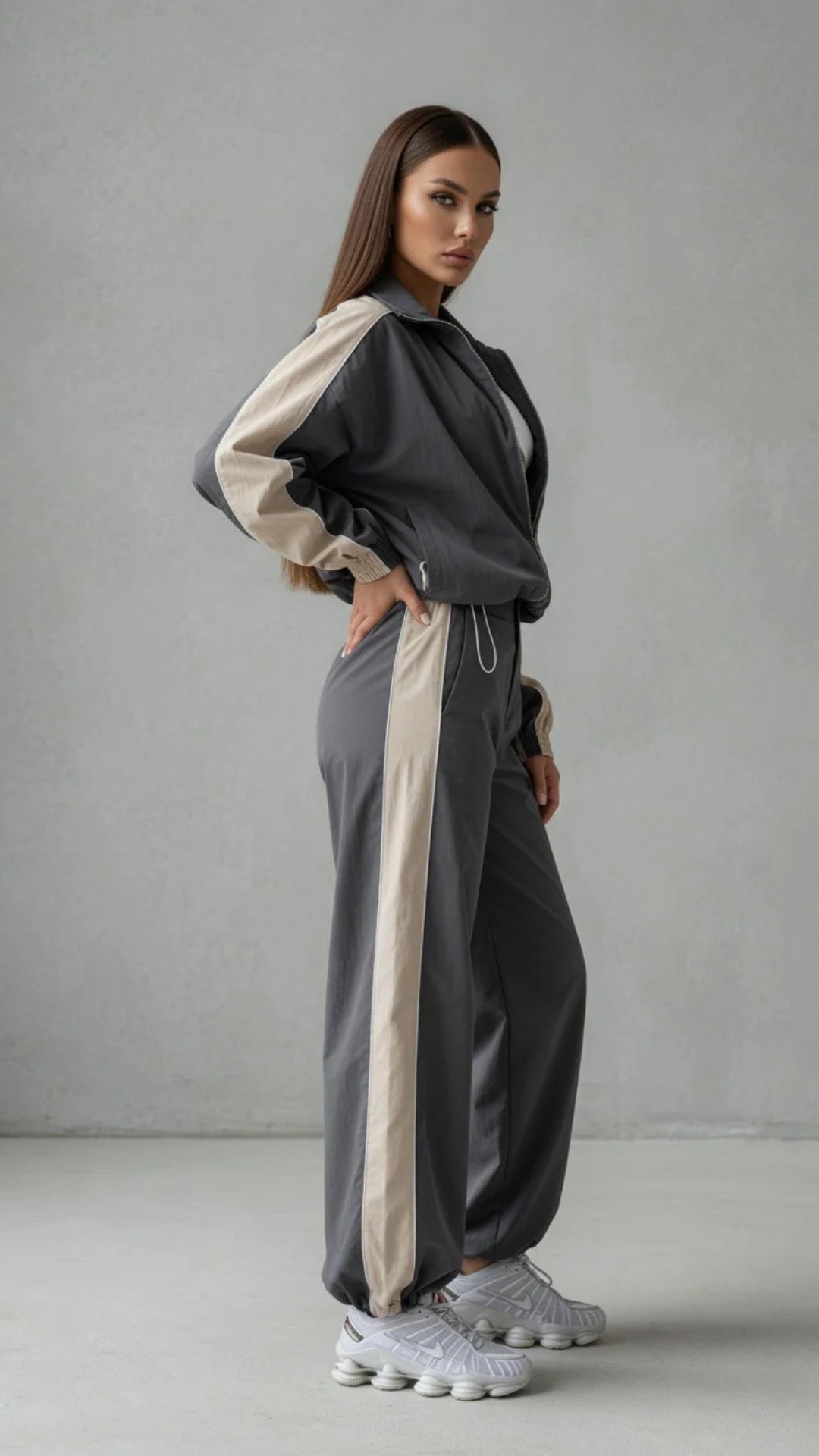 Two-Tone Colour Zip-Up Jacket &amp; Wide Leg Parachute Trouser Set