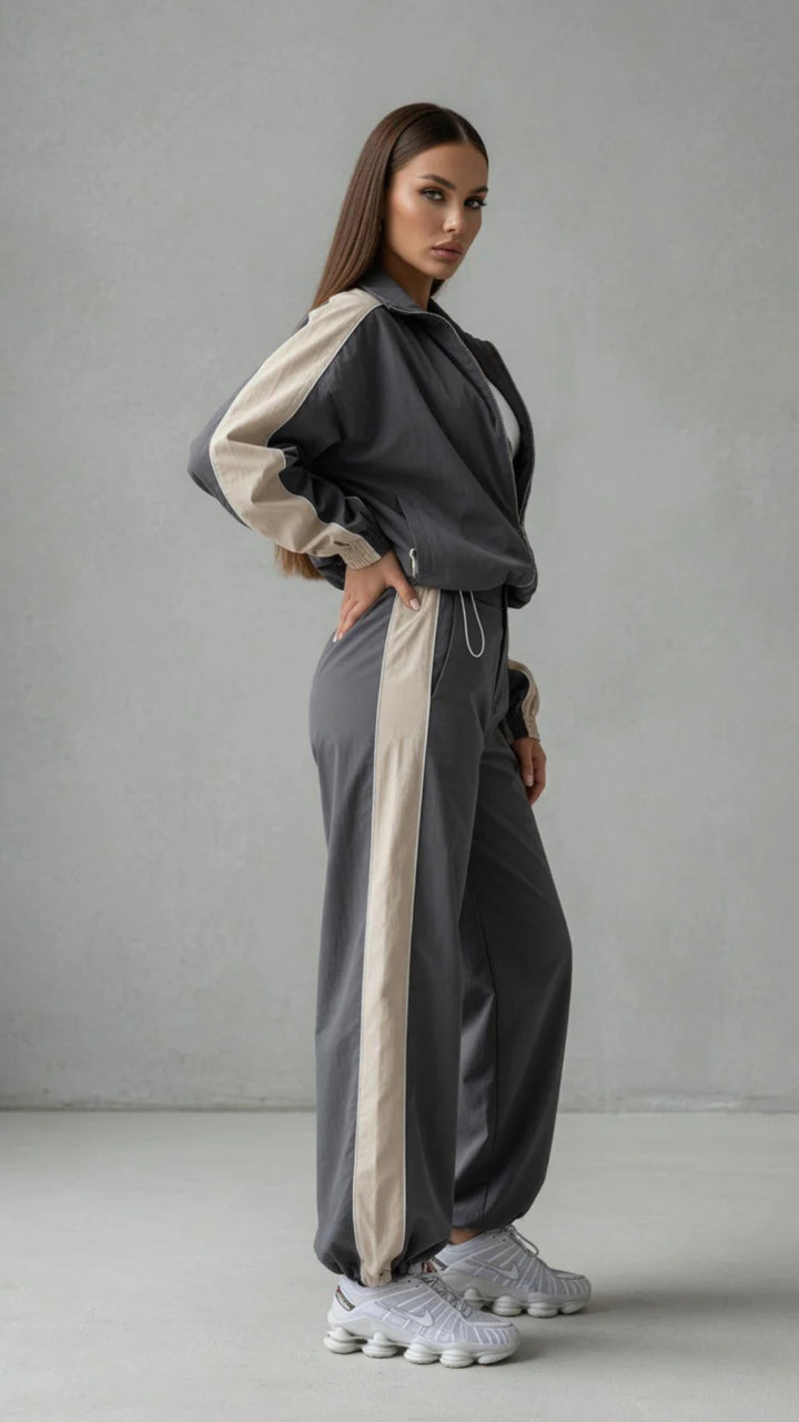 Two-Tone Colour Zip-Up Jacket &amp; Wide Leg Parachute Trouser Set