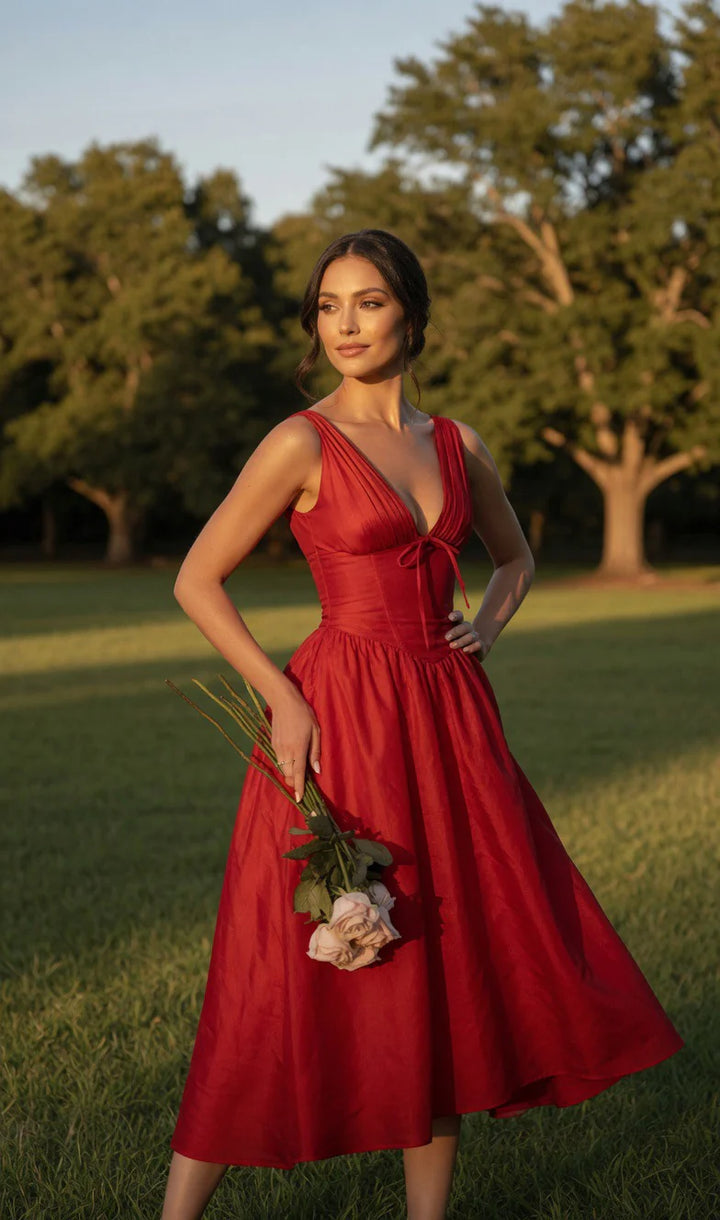 Deep V-Neck Corset Midi Dress