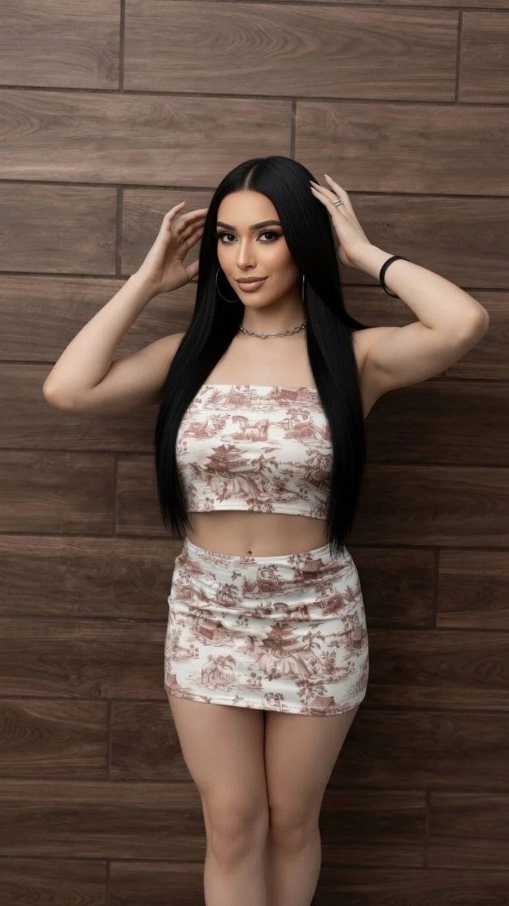 Graphic Print Bandeau Crop Top &amp; Mini Skirt Set