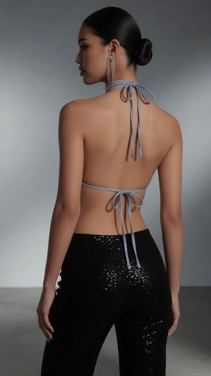 Blue Halter Glitter Strap Vest Top