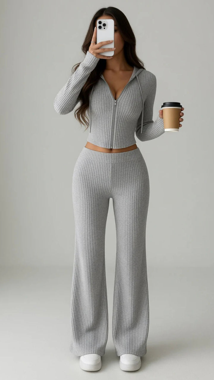 Ribbed Knit Hoodie &amp; Flare Trouser Set