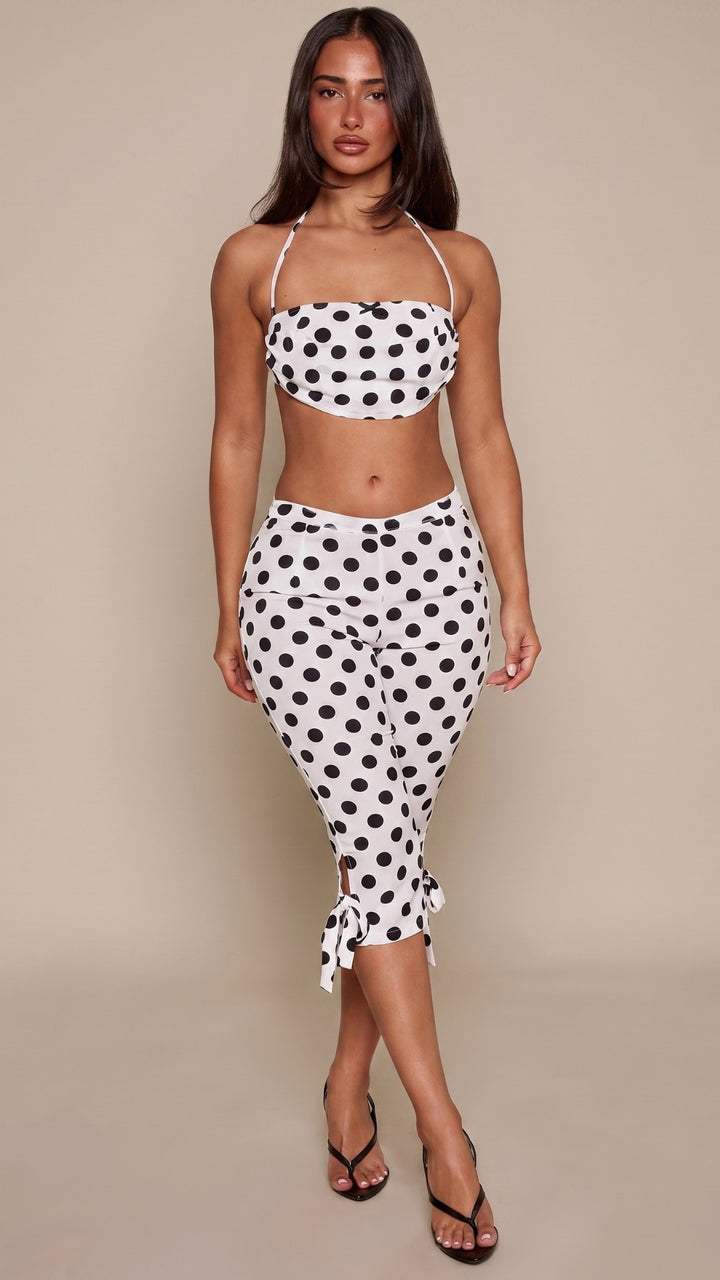 Polka Dot Halter Bandeau Top &amp; Tie-Hem Trouser Co-Ord Set