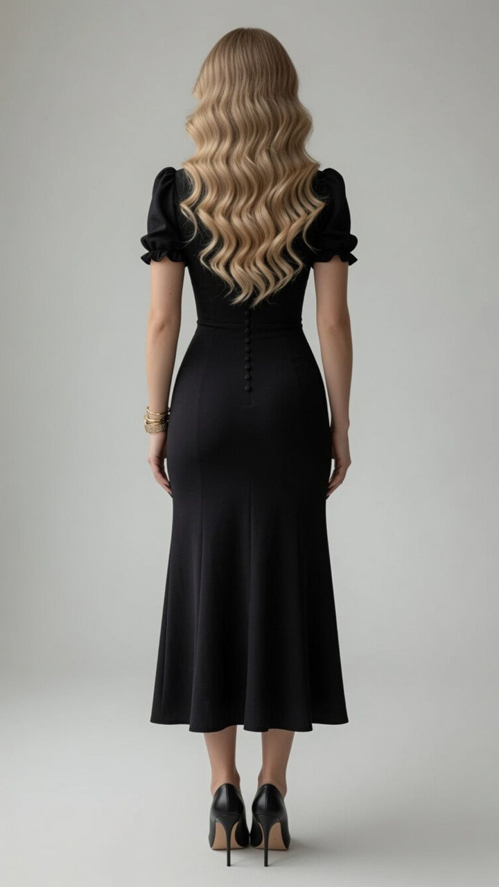 Puff Sleeve Button-Detail Split Midi Dress