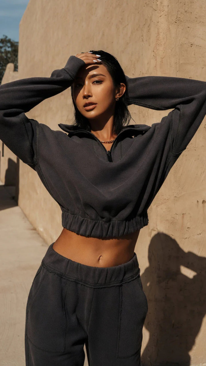 Half Zip Cropped Sweatshirt &amp; Oversized Jogger Set