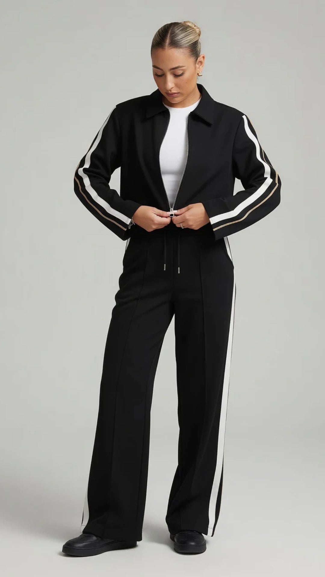 Black &amp; White Side Stripe Zip-Up Jacket and Trouser Set