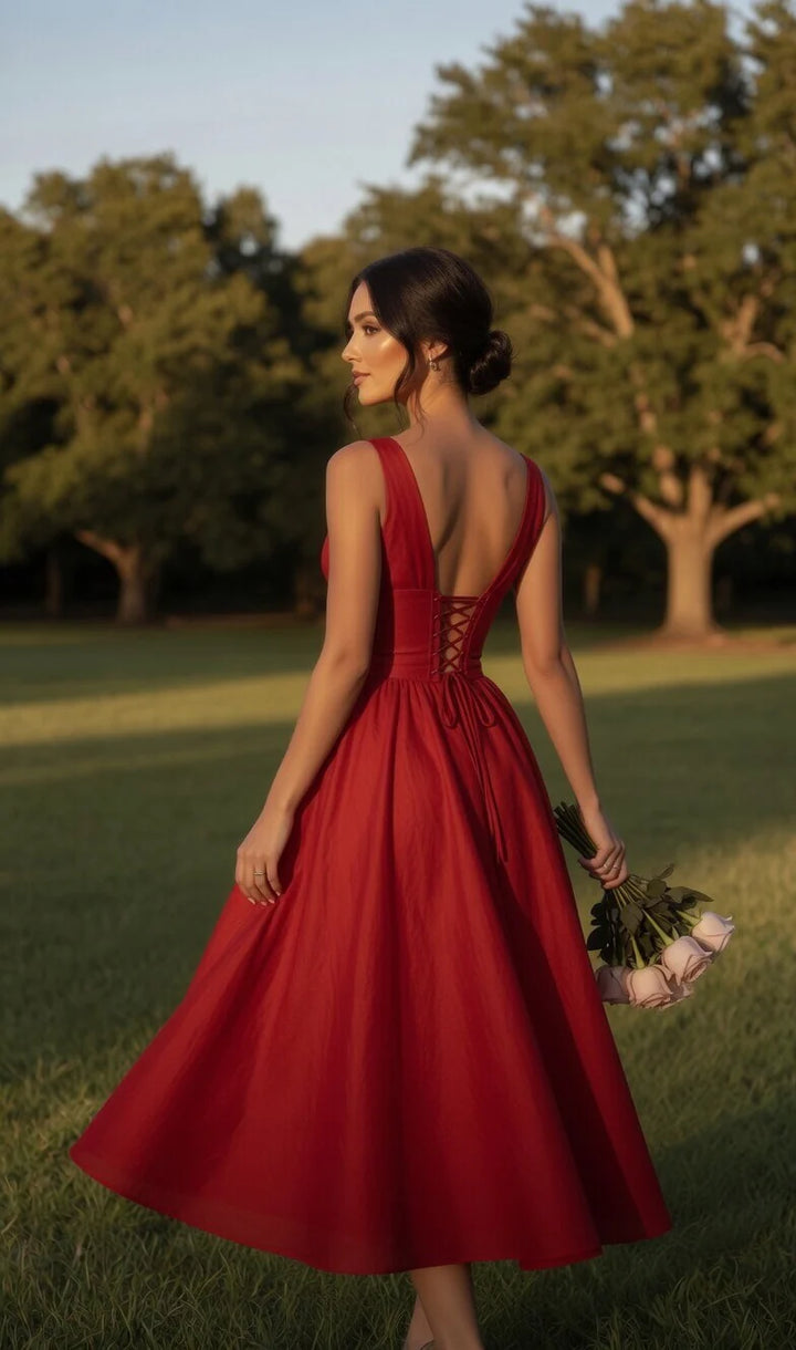 Deep V-Neck Corset Midi Dress