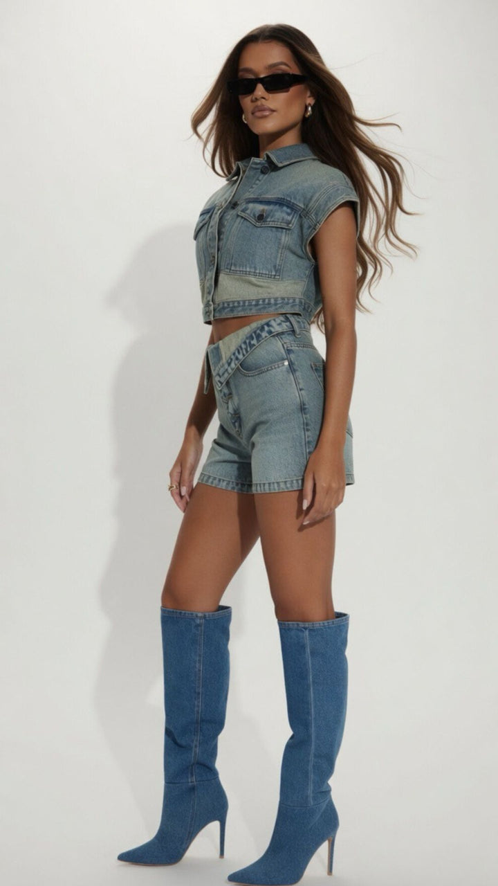 Medium Wash Two-Tone Cap Sleeve Denim Crop Jacket and Fold-Over Shorts Set