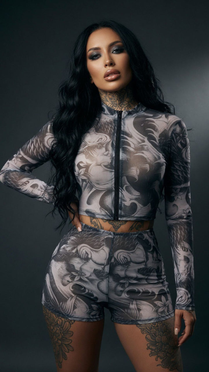 Monochrome Graphic Sheer Mesh Long Sleeve Zip-Up Crop Top and Shorts Set