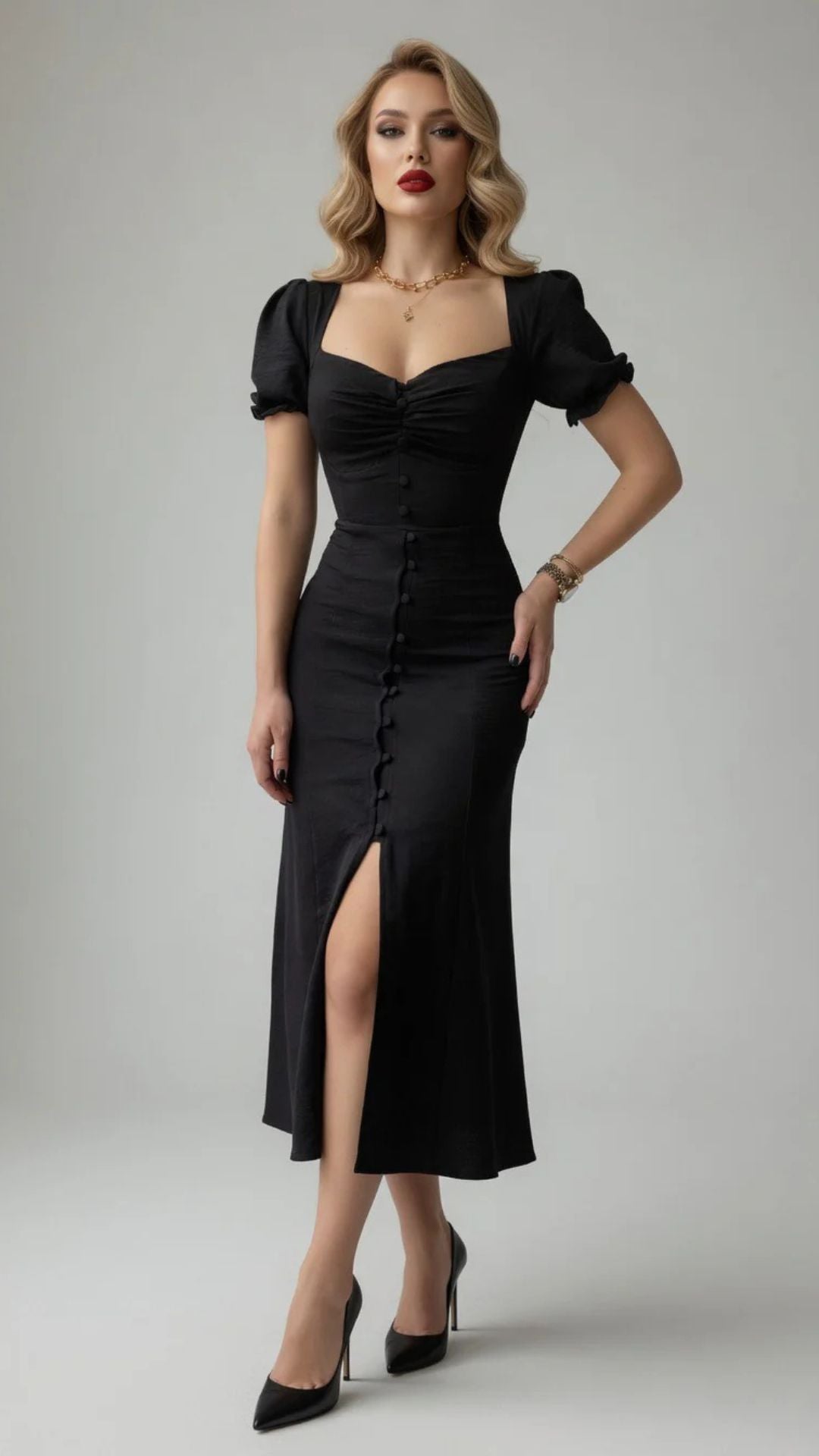 Puff Sleeve Button-Detail Split Midi Dress
