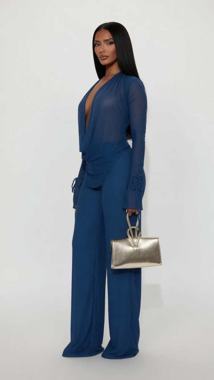 Mesh Deep Cowl-Neck Top and Trouser Set