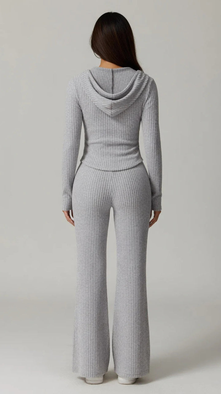 Ribbed Knit Hoodie &amp; Flare Trouser Set