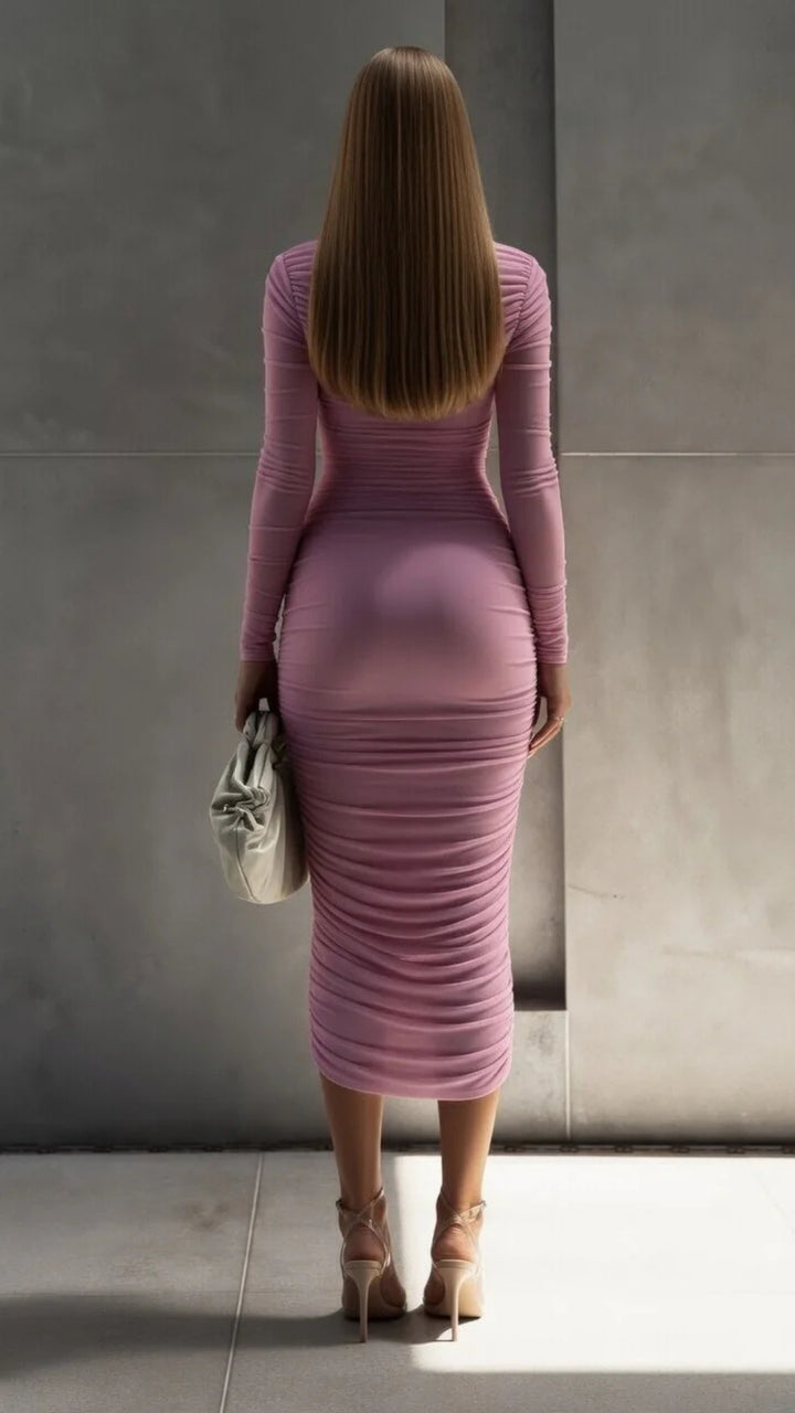 High-Neck Long-Sleeve Midi Dress