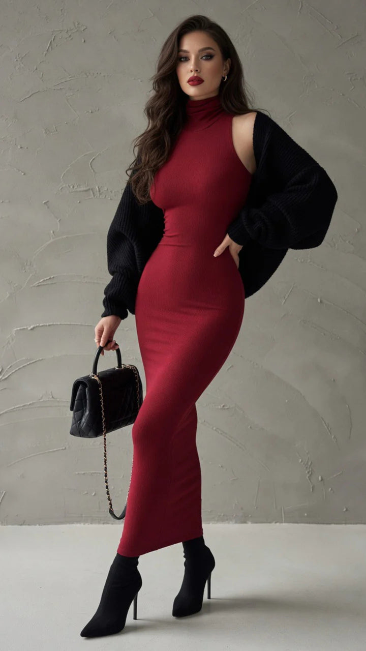 High-Neck Midi Dress