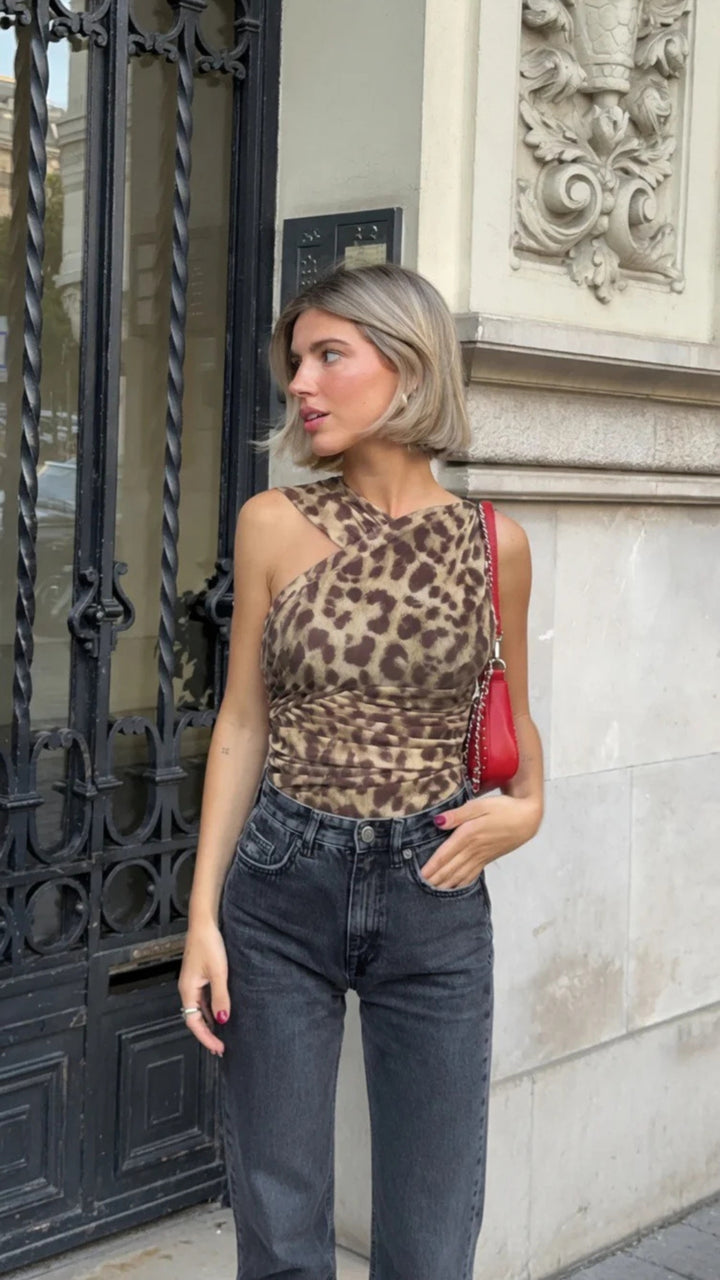 Leopard Mesh Asymmetrical Sleeveless Bodysuit