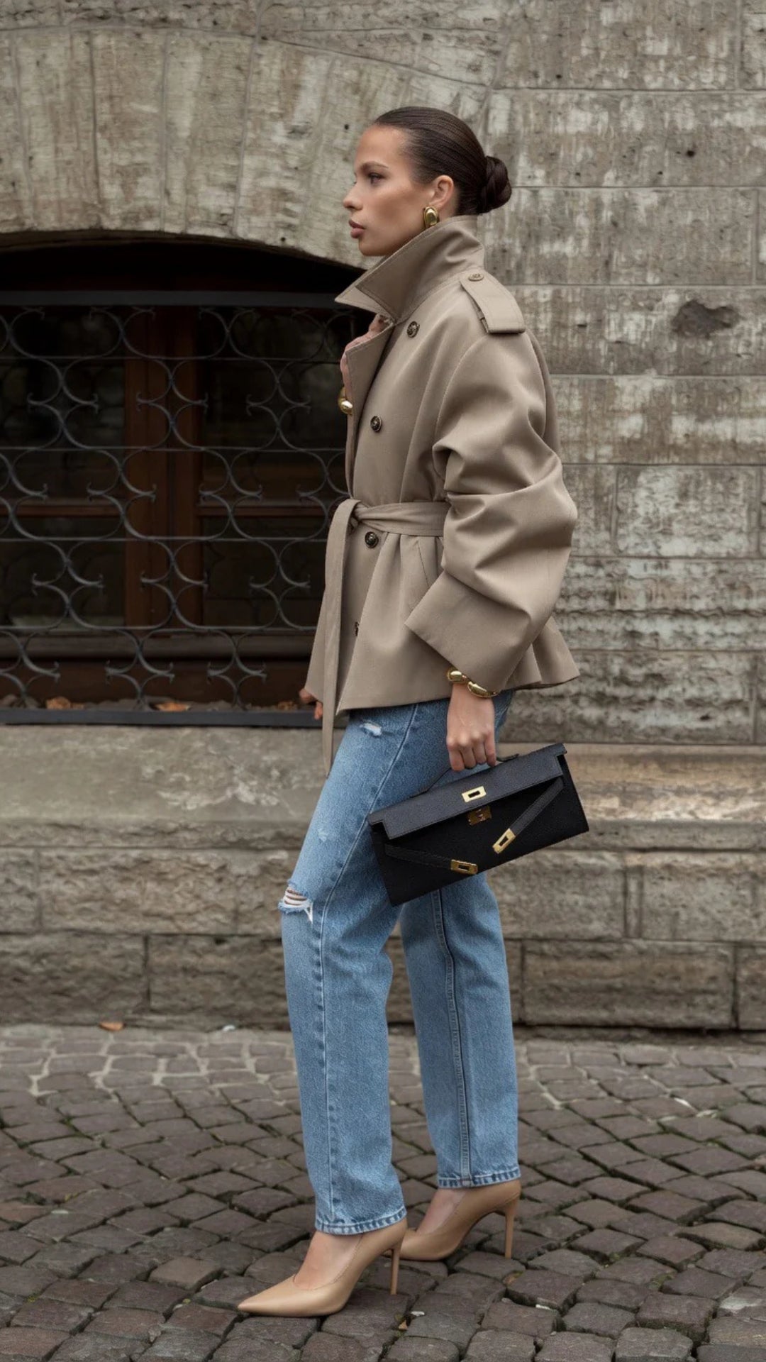 Cropped Lace-Up Detail Trench-Coat