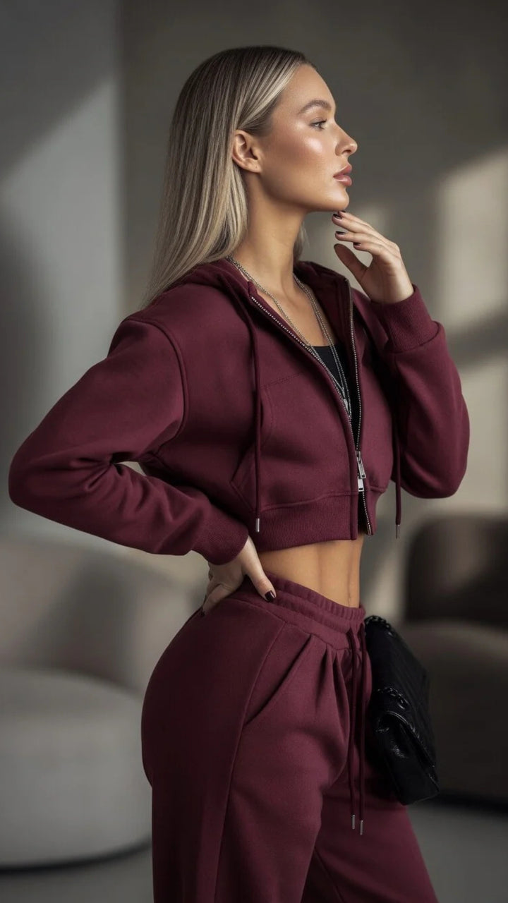 Cropped Zip-Up Hoodie &amp; Wide Leg Sweatpants Set