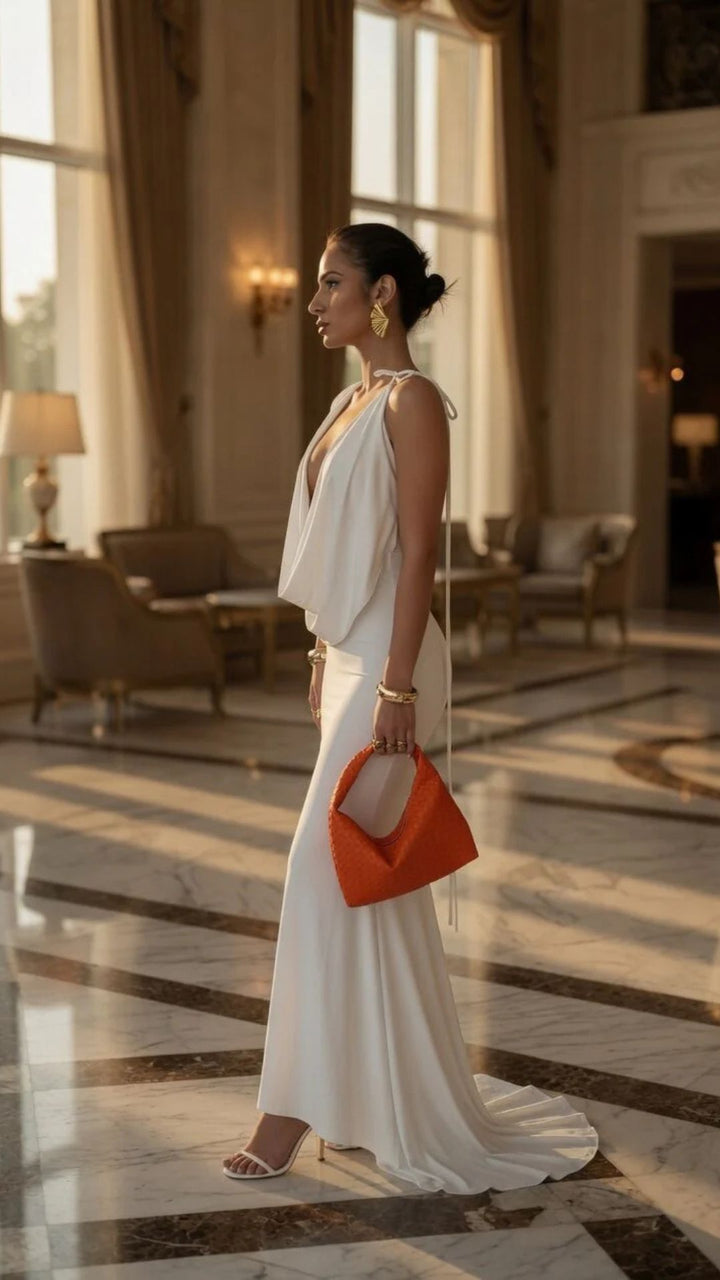 One-Shoulder Cowl-Neck Long Sleeve Maxi Dress