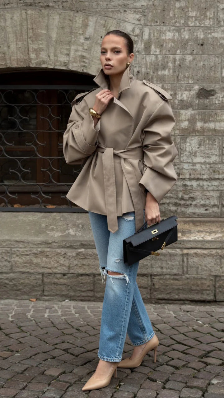 Cropped Lace-Up Detail Trench-Coat