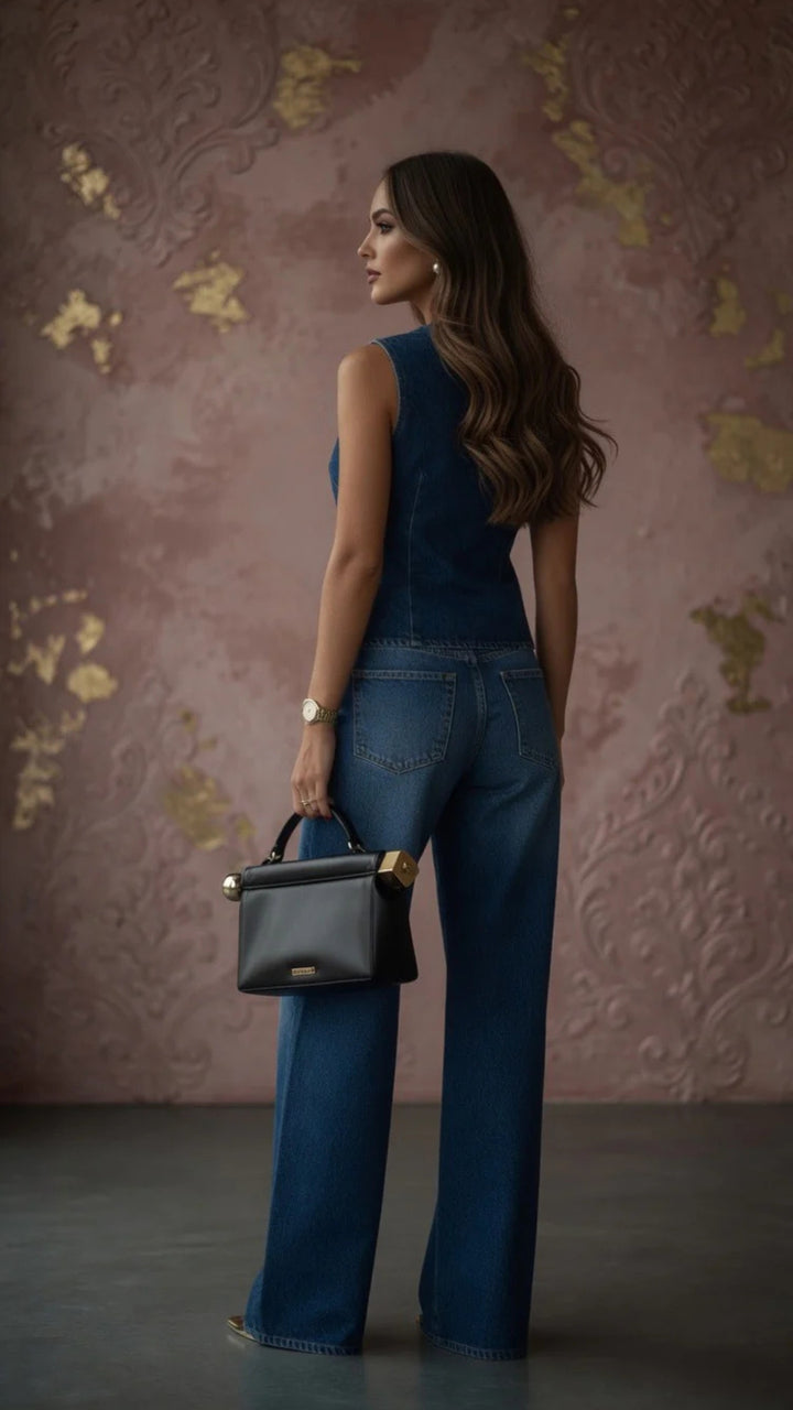 Denim Sleeveless Vest &amp; Wide Leg Jeans Set