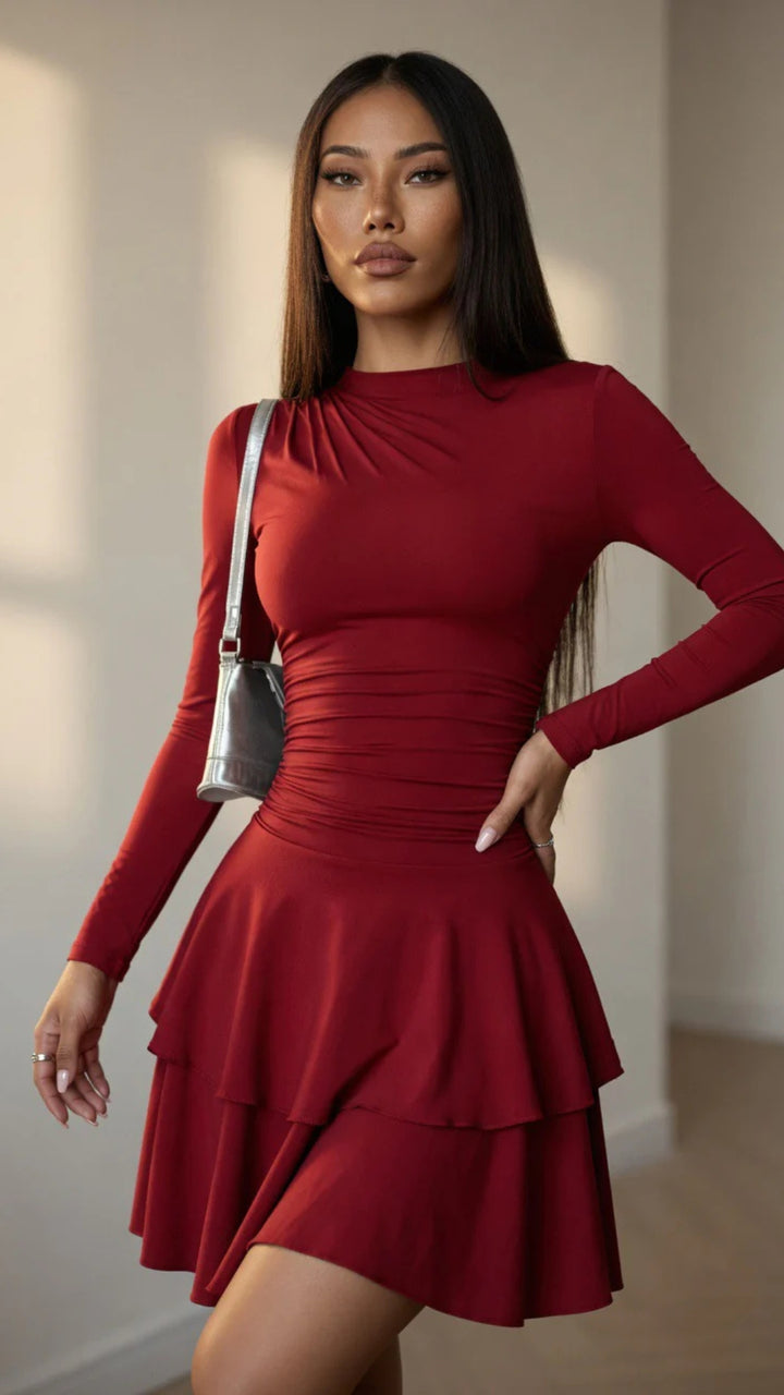 Red Long Sleeve Ruffle Mini Dress