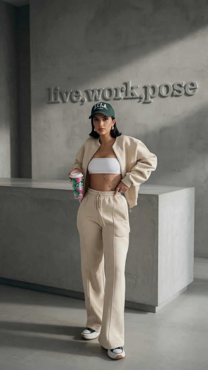 Bomber Zip-Up Cropped Sweatshirt &amp; Wide Leg Trousers Set